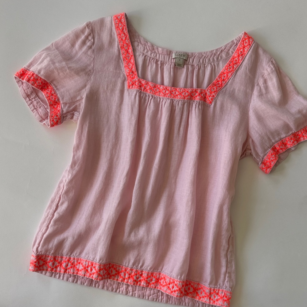 J. Crew | 100% Linen Embroidered Pink Contrast Top | Size Medium